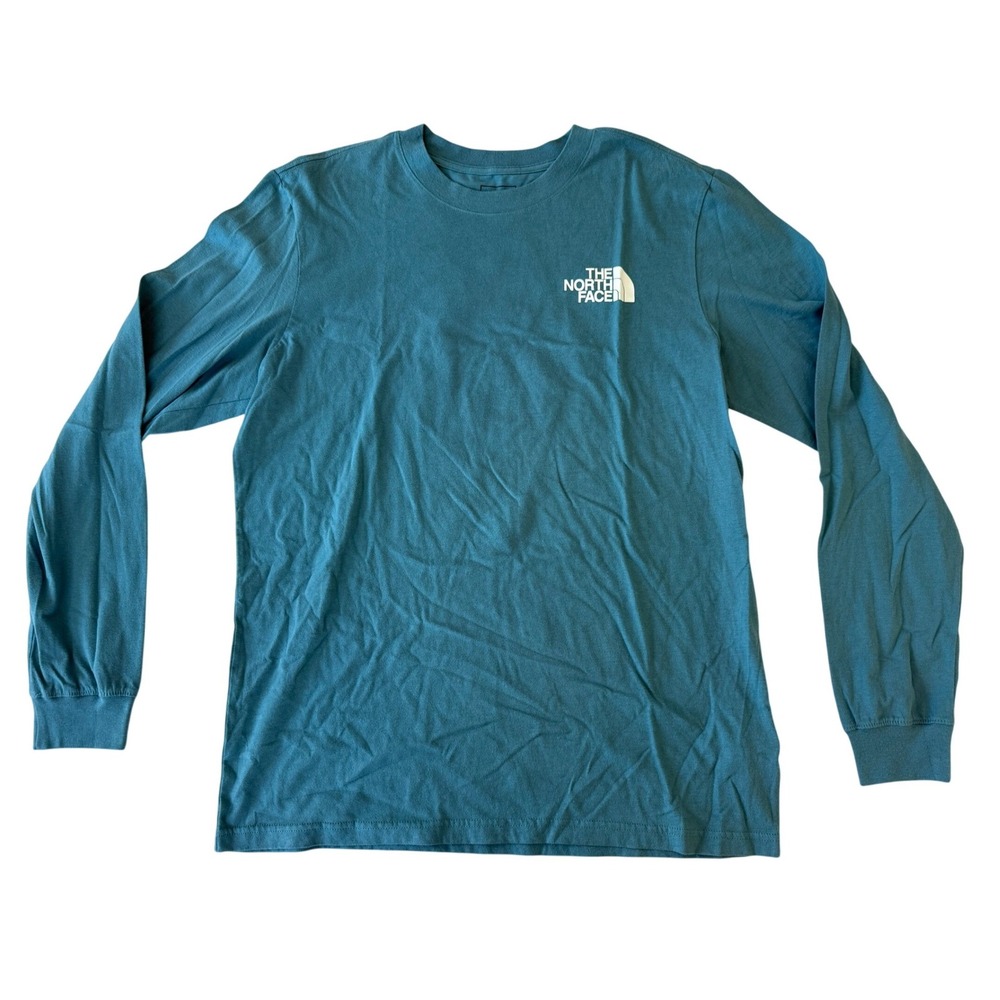 The North Face Long Sleeve Tee Mens L Teal Never Stop Exploring Hiking Travel